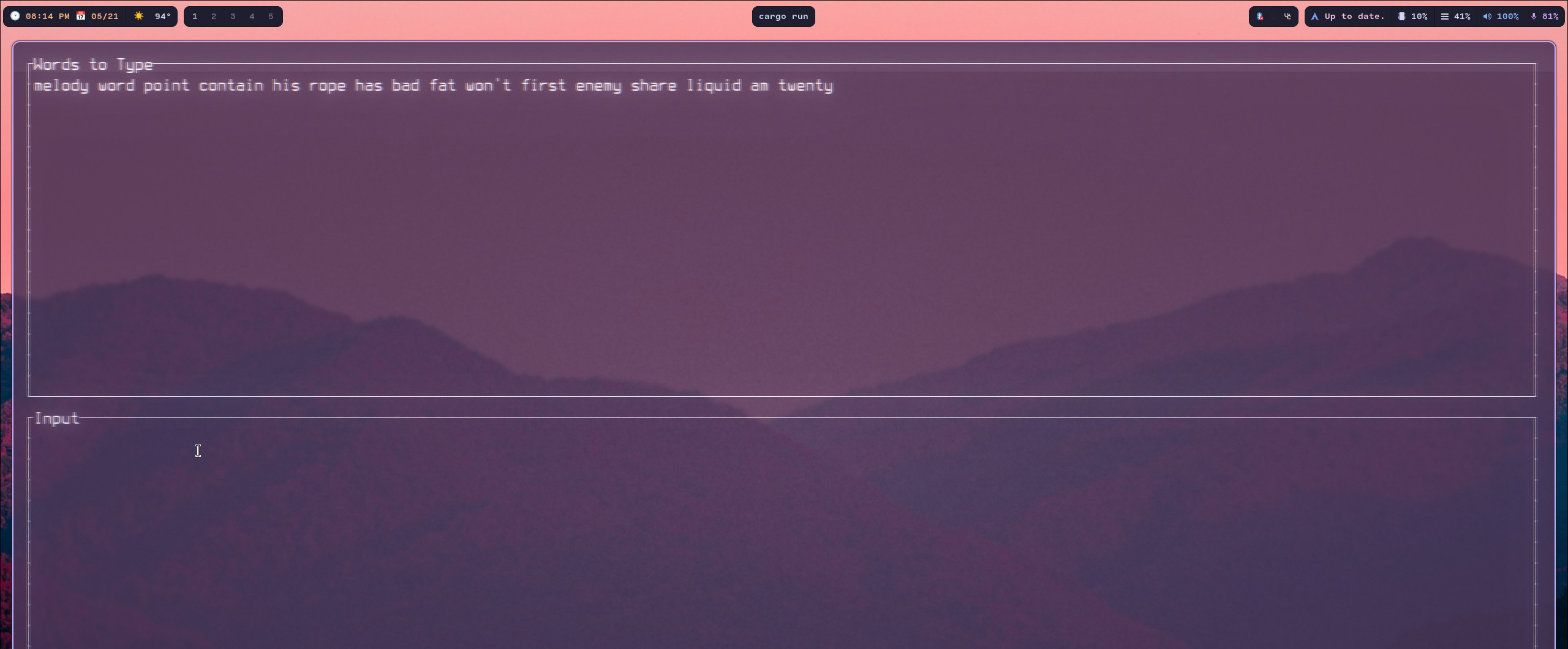 Terminal screenshot of CrustyTyping